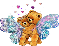 [ID: Two light brown teddy bears with butterfly wings hugging each other. There are small hearts above their heads. End ID]