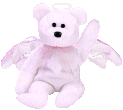 [ID: A Beanie Baby named Halo. It's a light pink bear with angel wings and a halo above its head. End ID]
