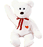 [ID: A Beanie Baby named Valentino. It's a white bear with a red bow around its neck and a red heart on its chest. End ID]