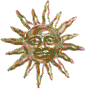 [ID: A light bronze colored gif of the sun with a neutral face. It is shaded to have a metallic appearance. End ID]